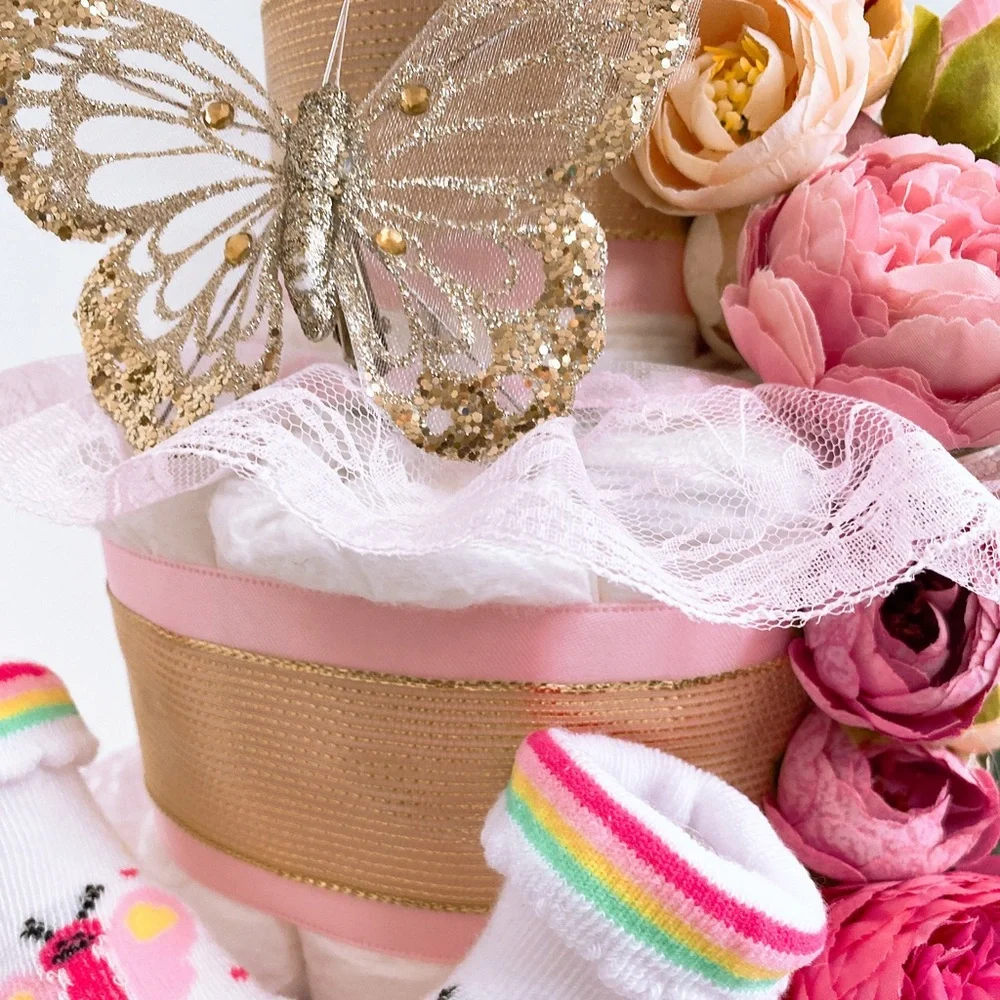 Butterflies Diaper Cake, Peonies Diaper Cake